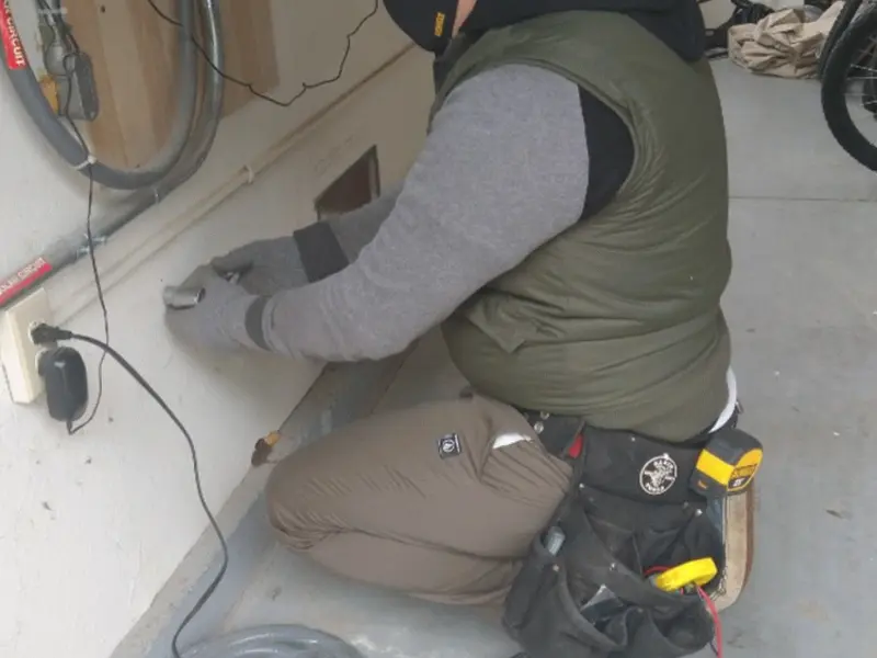 Electrician performing outlet wiring in a Hobbs garage